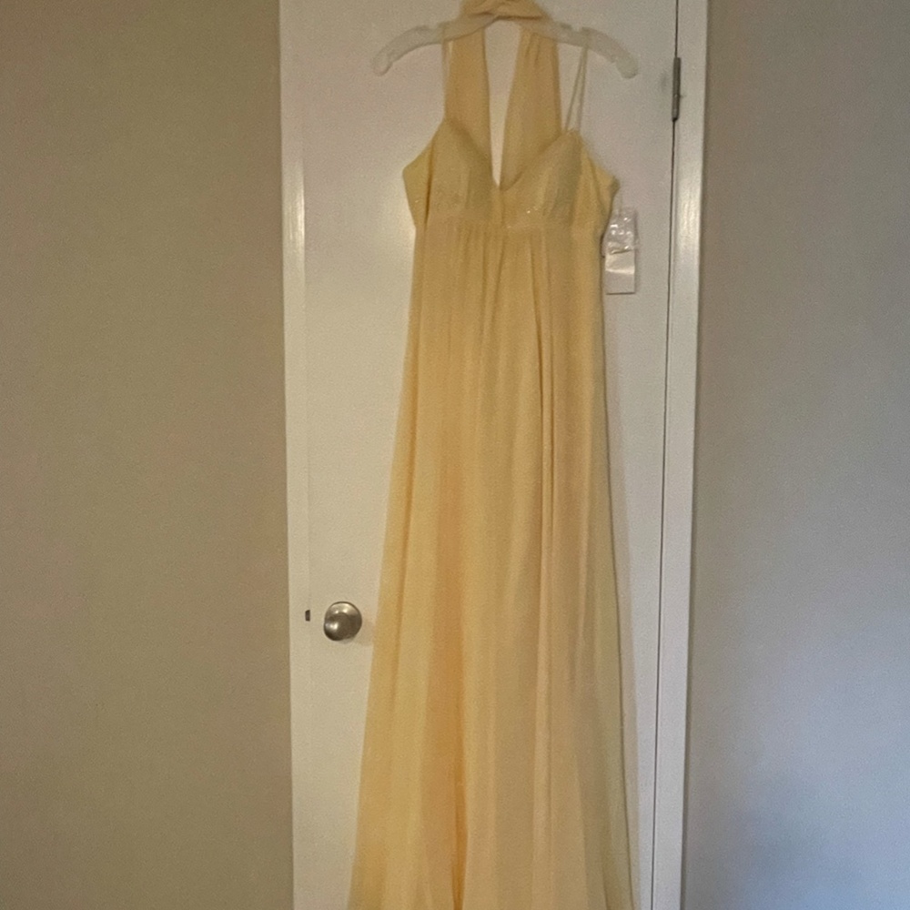 David's Bridal Spaghetti Strap Crinkle Chiffon Beaded Dress - Canary